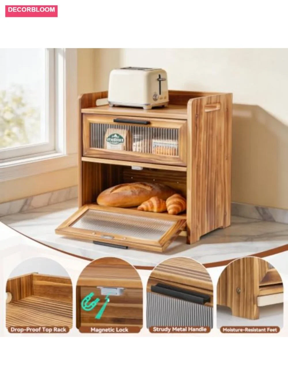 Wooden Bread Box with Cutting Board, Large Pine Kitchen Countertop Storage